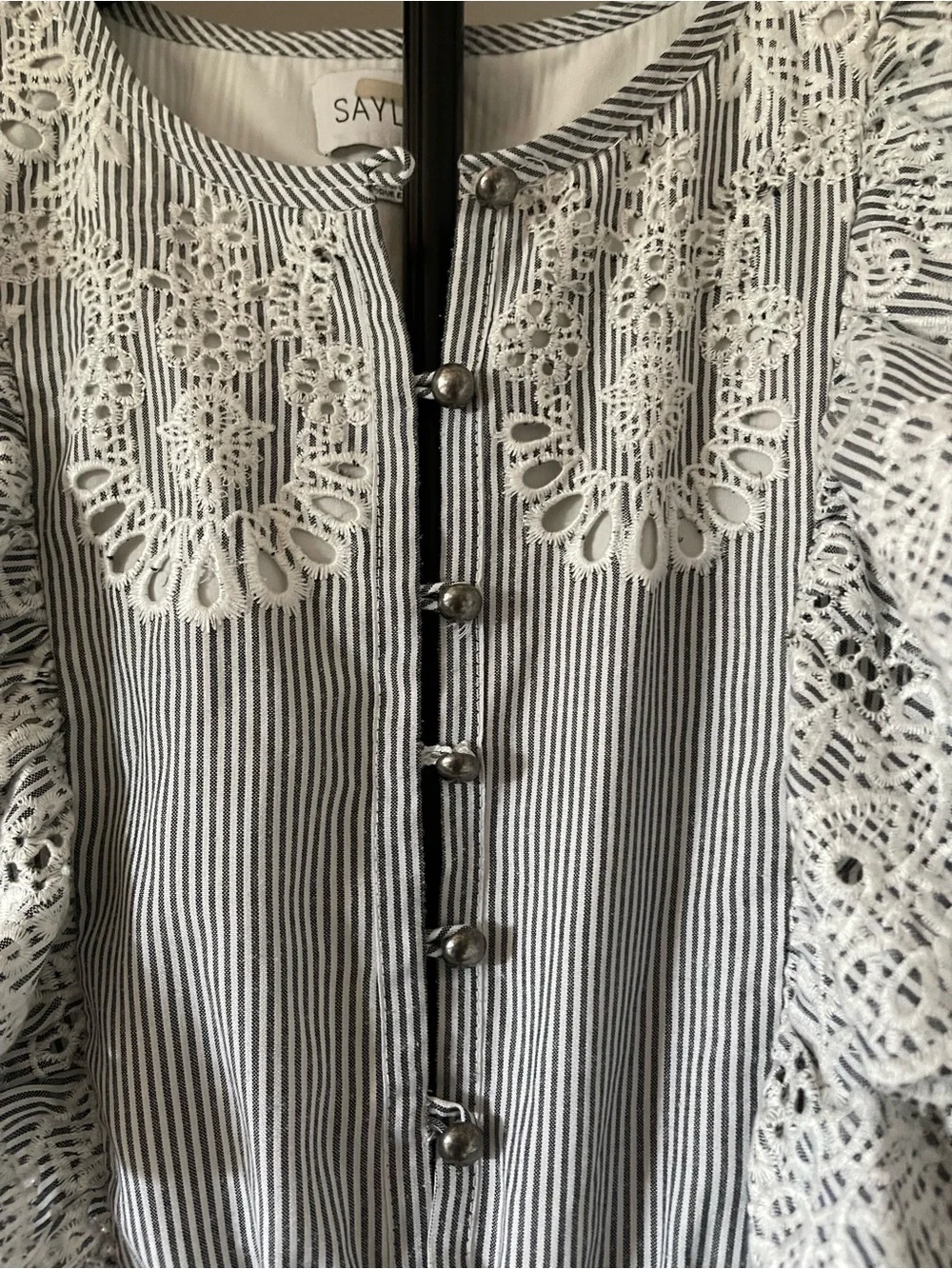 SAYLOR Maliyah White Dress with Gray Pinstripes and Lace Eyelet - Picture 4 of 6